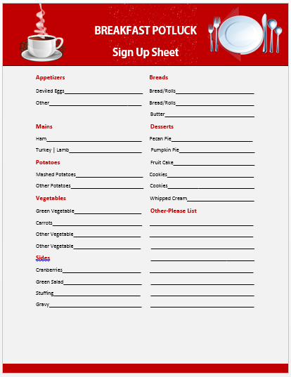 Free Printable Breakfast Potluck Sign Up Sheet