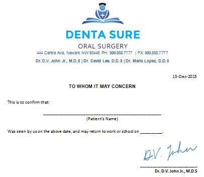 Oral Surgery Doctors Note