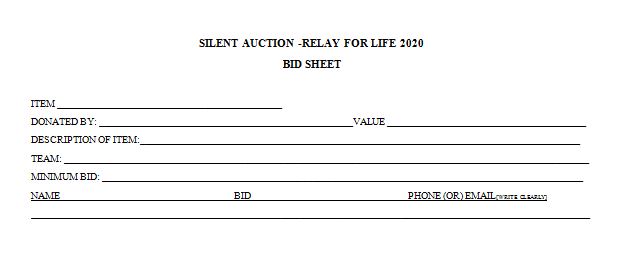 Relay For Life Silent Auction Bid Sheet