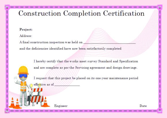 Certificate Of Completion For Construction Template