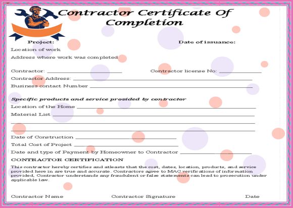 Contractor Certificate Of Completion Template