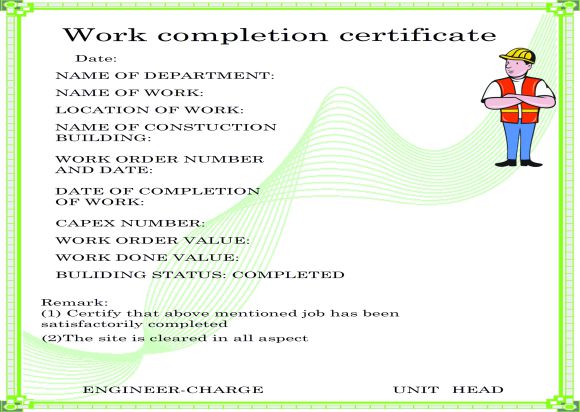 Work Completion Certificate For Construction