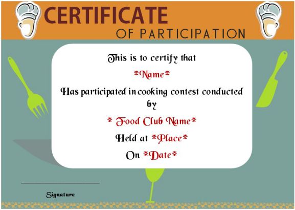 Basic Cooking Class Participation Certificate